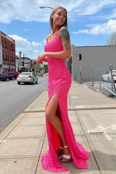 Hot Pink Prom Dresses, Pink Evening Gowns, Prom Dresses Mermaid, Prom Dresses Sparkly, Sparkly Prom Dress, Prom Dresses Long Pink, Spaghetti Strap Prom Dress, Sequin Prom Dress, Pink Prom