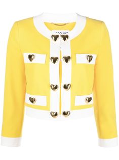 lemon yellow/white heart appliqué detailing gold-tone hardware contrasting border round neck concealed front fastening long sleeves buttoned cuffs straight hem cropped Moschino Jacket, Jersey Blazer, Moschino Cheap And Chic, Short Jacket, Yoga Wear, Colored Blazer, Crop Jacket, Blazers For Women, Outerwear Women