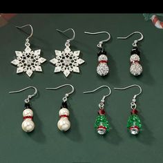 Nwt 4 Pairs Of Christmas Earrings Pearl Snowman Rhinestone Christmas Silver Rhinestone Pearl Snowman, Christmas Earrings Handmade, Earrings Pearl, Christmas Earrings, Christmas Jewelry, Silver Rhinestone, Earrings Color, Earrings Handmade, Lady In Red