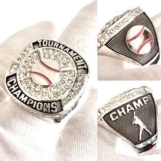 three different views of a baseball ring with the words champion on it and diamonds in the middle