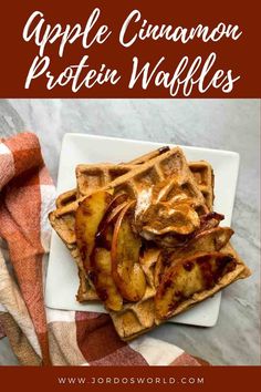 apple cinnamon protein waffles on a plate with text overlay that reads, apple cinnamon protein waffles