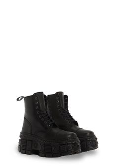 These combat boots have a genuine leather construction, black hardware detailing, treaded platform soles, front lace-up closures, and side zipper closures. Platform Combat Boots, Goth Shoes, Leather Combat Boots, Black Platform Boots, Lace Up Combat Boots, New Rock, Combat Boot, Aesthetic Shoes, Buckle Boots