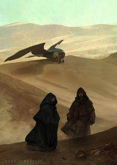 two people standing in the desert looking at an airplane flying over them and another person wearing a black cloak