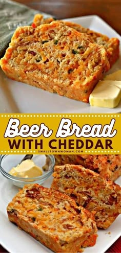 beer bread with cheddar and butter on a white plate next to two slices of cheese