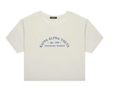 a white t - shirt with blue writing on the front