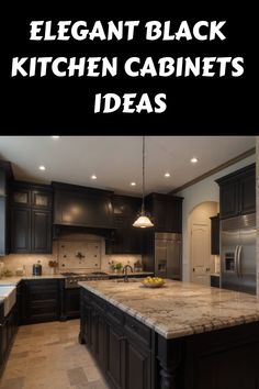 Elegant kitchen with black cabinets, marble countertops, and modern lighting. Small Kitchens With Black Cabinets, Black Kitchen Cabinets Ideas, Black Handles Kitchen, Black Lower Cabinets, Black Cabinetry, Black Kitchen Handles, Cabinet Inspiration, Lower Cabinets, Natural Stone Countertops