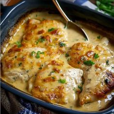 a casserole dish with chicken covered in gravy