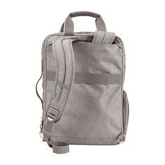 a gray backpack with handles and straps on the front, sitting against a white background