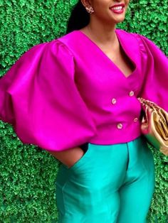 Stylish V-Neck Puff Sleeves Fuchsia Blouse FUCHSIA-S Lantern Sleeve Top, Party Blouse, Lantern Sleeved Blouses, Women Shirt Top, Glitter Party, Tops Blouse, Graduation Outfit, Looks Chic, Slim Fit Shorts