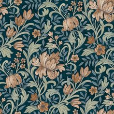 a blue and brown floral wallpaper with gold flowers on the bottom half of it