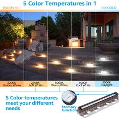 the steps are lit up with 5 color temperatures in each step and 4 different lighting options