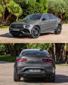 the mercedes gle is parked in front of some palm trees and has black rims