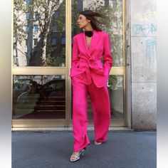 Brand New. Wide Leg Pants With Darts. Side Pockets. Blazer With Lapel Collar.Belted With Front Single Tonal Lined Button. Runs Large Can Fit As Size M Also. The Label Says S Elegant Pink Set With Pockets, Elegant Pink Sets With Pockets, Pink Pantsuit For Fall Party, Pink High-waisted Pantsuit For Party, Chic Pink Zara Pantsuit, Elegant Pink Pantsuit For Fall, Elegant Pink Wide Leg Suits, Elegant Pink Wide-leg Suits, Pink Zara Pantsuit For Work