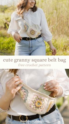 a woman in white shirt and jeans holding a handbag with flowers on it, text overlay reads cute granny square belt bag free crochet pattern