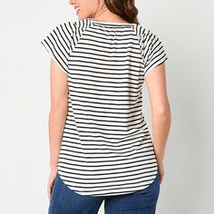 A chic striped blouse like this one from Liz Claiborne's women's collection is an easy essential that never goes out of style. It's made from a jersey cotton-blend and has a regular-fit, a V-neck, and short flutter sleeves for a playful touch. Wear it with jeans for a casual day out. Closure Type: Pullover HeadFit: Regular FitNeckline: V NeckSleeve Length: Short SleeveSleeve Style: Flutter SleeveApparel Length: 26 InchesFiber Content: 60% Cotton, 40% PolyesterFabric Description: JerseyCare: Mac… Blouse Black, Flutter Sleeves, Striped Blouse, Short Sleeve Blouse, Liz Claiborne, Black Blouse, Flutter Sleeve, Women Collection, Shirts Tops