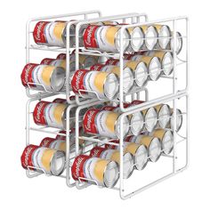 a stack of canned cans on top of a metal rack with two rows of cans