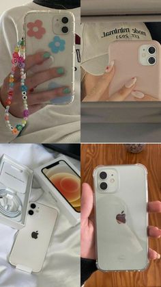 four different iphone cases with flowers on them and one being held up by someone's hand