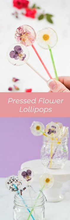 pressed flower lollipops in a glass vase