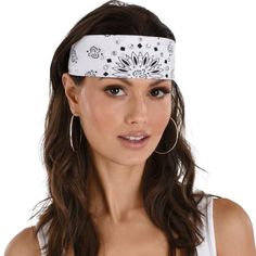 Rock the glam of 90s hair metal with this bandana. The white bandana is folded into a wide headband and tied in the back. You're concert ready with the attached shimmering rhinestones. pb90s Rhinestone White Bandana product details:-b-p ul liTies in back-li li100% polyester exclusive of decorations-li liDoes not include shirt-li liOne size fits most teens and adults-li -ul Elmhurst Queens, Brentwood Tennessee, White Face Paint, Head Bandana, 90s Hair, White Bandana, Hair Metal, Black Halloween Dress, Gold Shorts