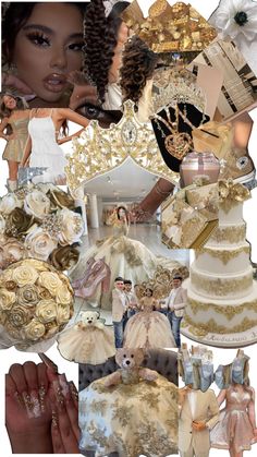 the collage shows many different types of wedding gowns and accessories, including an elaborately decorated cake