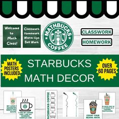 starbucks stickers and decals are on display in front of a storefront with the words starbucks's math decor