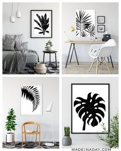 black and white palm leaf art prints on the wall above a desk, chair, table with lamp, potted houseplant