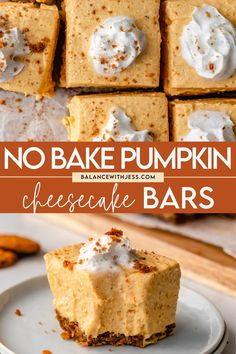 no bake pumpkin cheesecake bars with whipped cream on top