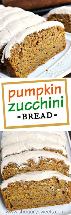 pumpkin zucchini bread with white frosting on a plate and in the background