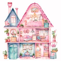 a pink doll house with lots of furniture