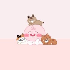 a group of cats and dogs sitting on top of a pink surface with the word love written