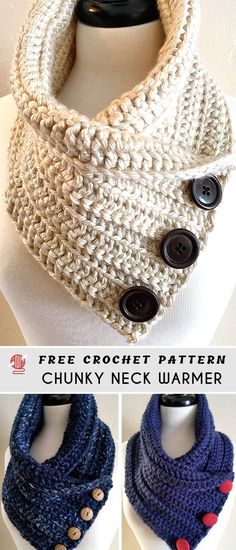 the crochet cowl neck warmer is made with two different colors and features buttons