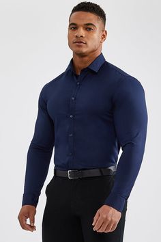 Essential Dress Shirt in Navy - TAILORED ATHLETE Homecoming Boys Outfits, Formal Shirt Design, Navy Blue Dress Shirt, Navy Shirt Dress, Bigger Arms, Shirt Dress Outfit, Dress Suits For Men, Navy Outfit, Athletic Dress