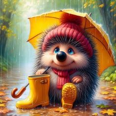 the hedgehog is holding an umbrella and boots in the rain while it's raining