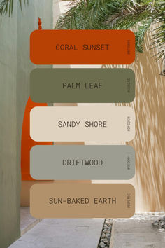 an image of a sign that says coral sunset palm leaf sandy shore driftwood sun - baked earth