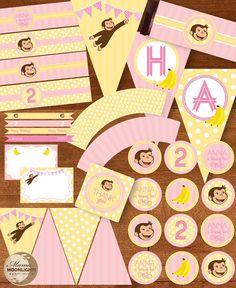 pink and yellow monkey birthday party package