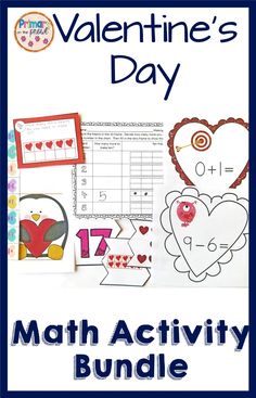 valentine's day math center bundle for kids to practice counting and subtracing