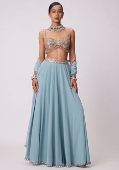 Powder Blue Pants Lehenga With Embroidered Sleeveless Blouse Vvani by Vani Vats - Fabilicious Fashion Lehenga Pants, Powder Blue Lehenga, Lehenga Simple, Sleeveless Blouse Designs, Sangeet Ceremony, Sangeet Outfit, Simple Lehenga, Indian Outfits Lehenga, Mirror Embroidery