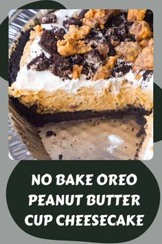 A quick and easy no bake dessert recipe perfect for any occasion. An Oreo cookie pie crust is filled with a delicious peanut butter and cream cheese mixture loaded with pieces of Reese's Peanut Butter Cups and Oreo cookies. This chocolate peanut butter dessert is perfect for summer.