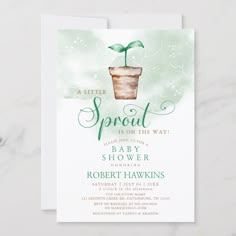 a little sprout is on the way baby shower card with a potted plant