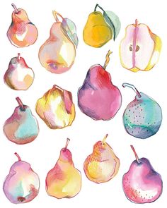 a bunch of different types of fruit on a white background, including pears and pomegranates