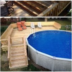 an above ground pool with steps leading up to the deck and above ground swimming pool