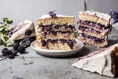 a slice of cake on a plate with berries