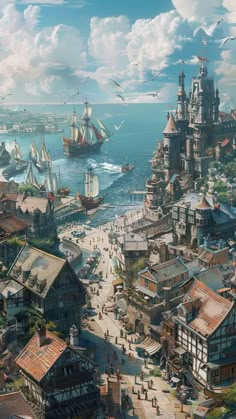 an aerial view of a city with ships in the water and birds flying over it