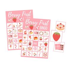 the berry first and berry first bingo game is shown in pink with pictures of cakes, cupcakes, and strawberries