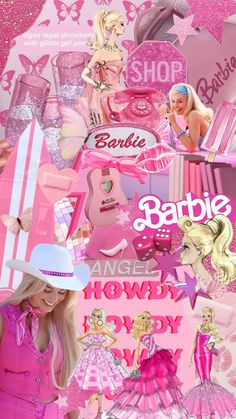 barbie doll collage with pink and white accessories on it's sides, including an angel