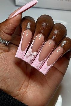 Gel French Tip, Corset Nails, Pink Ribbon Nails, Pink Tip Nails, Gel Nails French, Sweater Nails, Fall Acrylic Nails