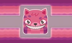 a pink cat with big eyes and fangs on it's face next to a purple ball