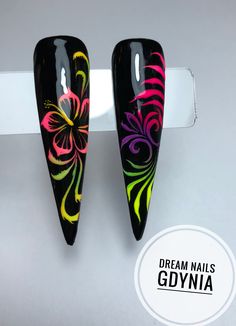 Bright Nail Art Designs, Black And Colorful Nails, Black And Neon Nail Art, Nail Art With Neon Colors, Black And Neon Color Nails, Black Neon Nails, Neon Flower Nails, Neon Nail Ideas Bright Colors, Black And Neon Nails