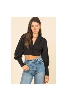 100% polyester Model is 5' 8", 32' chest, 24' waist and 34' hips and wearing a size small. Crop Blouse, Large Black, Instagram Feed, Fashion Brand, Puff Sleeve, Black Color, How To Wear, Black, Fashion Brands