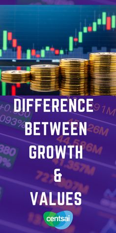 stacks of coins with the words differences between growth and value